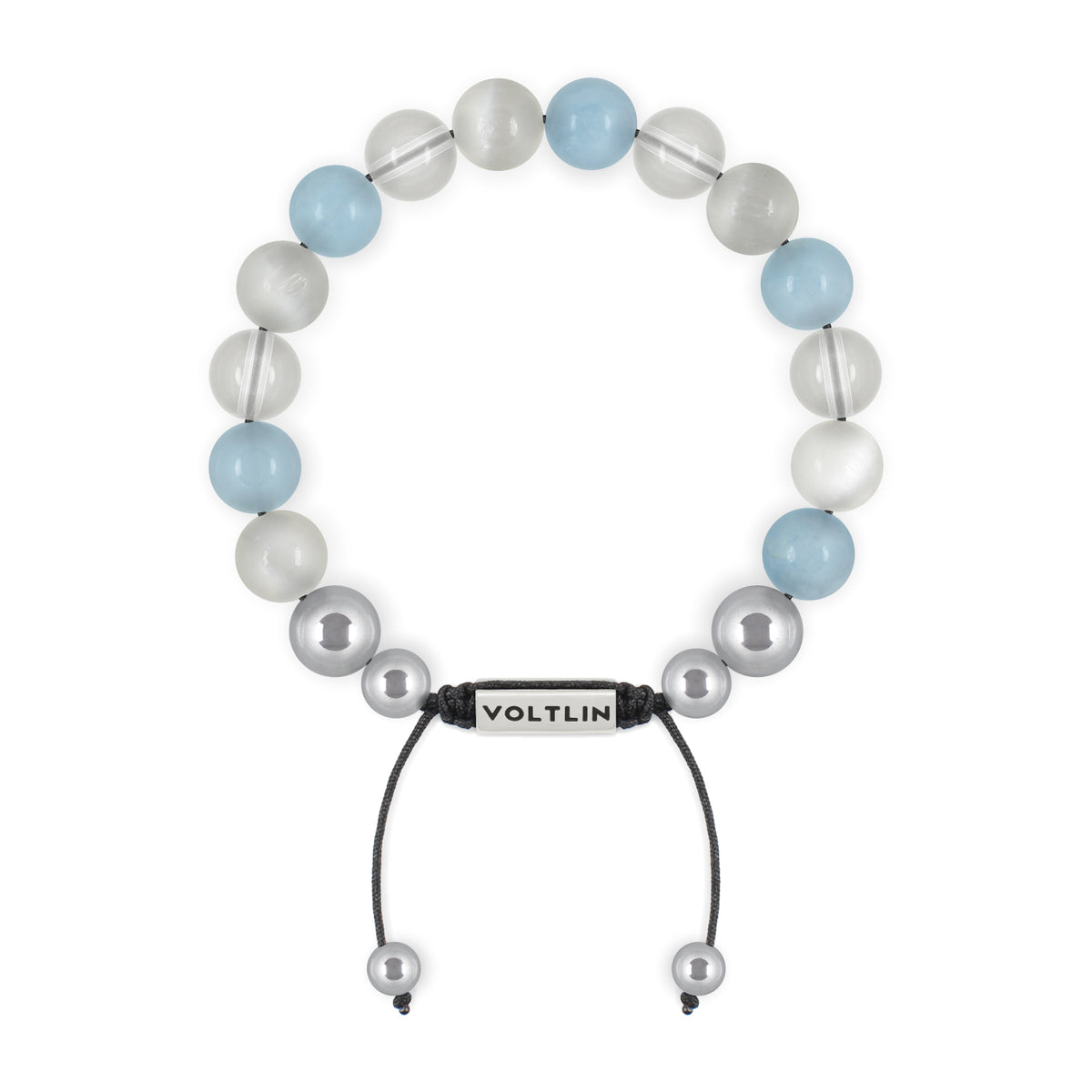Top view of a 10mm Aquarius Zodiac beaded shamballa bracelet featuring Selenite, Aquamarine, & Quartz crystal and silver stainless steel logo bead made by Voltlin