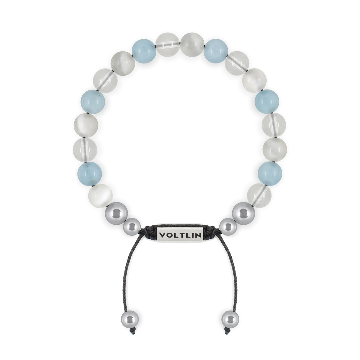 Top view of an 8mm Aquarius Zodiac beaded shamballa bracelet featuring Selenite, Aquamarine, & Quartz crystal and silver stainless steel logo bead made by Voltlin