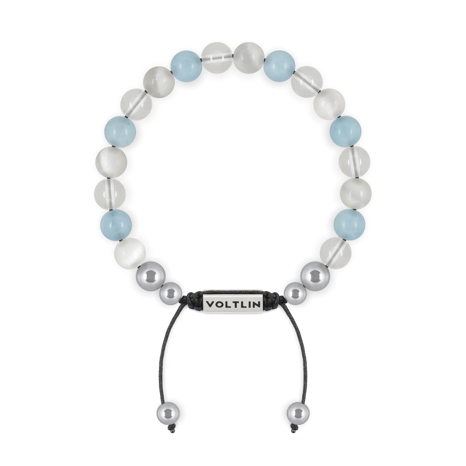 Front view of an 8mm Aquarius Zodiac beaded shamballa bracelet featuring Selenite, Aquamarine, & Quartz crystal and silver stainless steel logo bead made by Voltlin