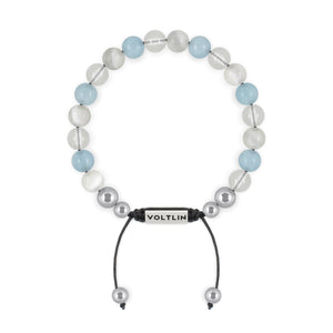 Top view of an 8mm Aquarius Zodiac beaded shamballa bracelet featuring Selenite, Aquamarine, & Quartz crystal and silver stainless steel logo bead made by Voltlin