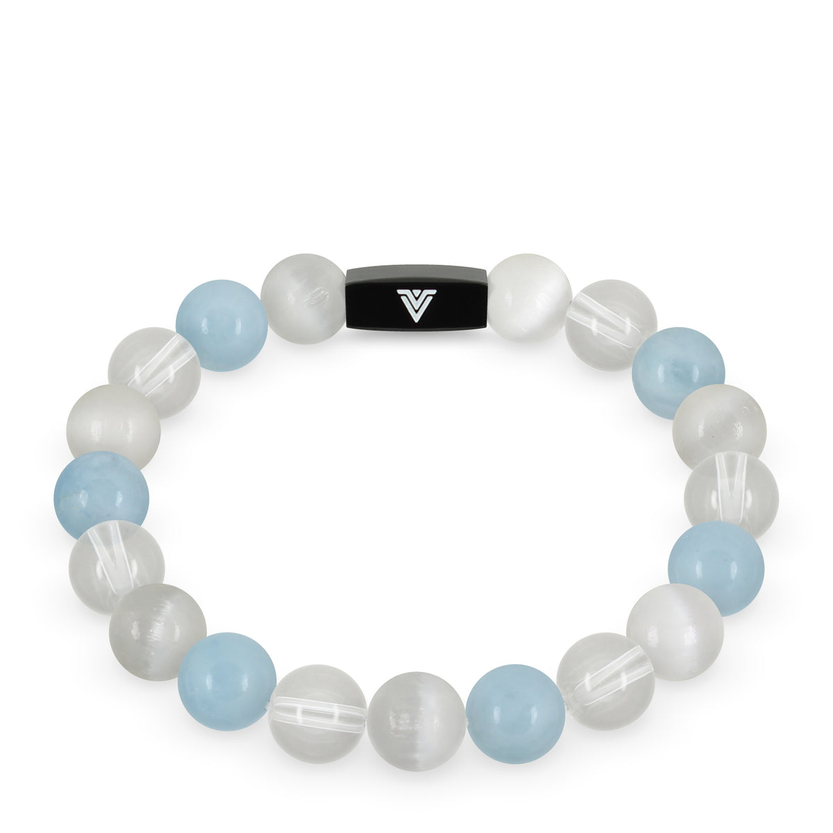 Front view of a 10mm Aquarius Zodiac crystal beaded stretch bracelet with black stainless steel logo bead made by Voltlin