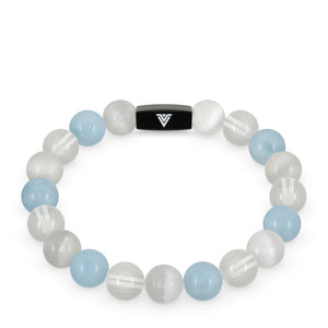 Front view of a 10mm Aquarius Zodiac crystal beaded stretch bracelet with black stainless steel logo bead made by Voltlin