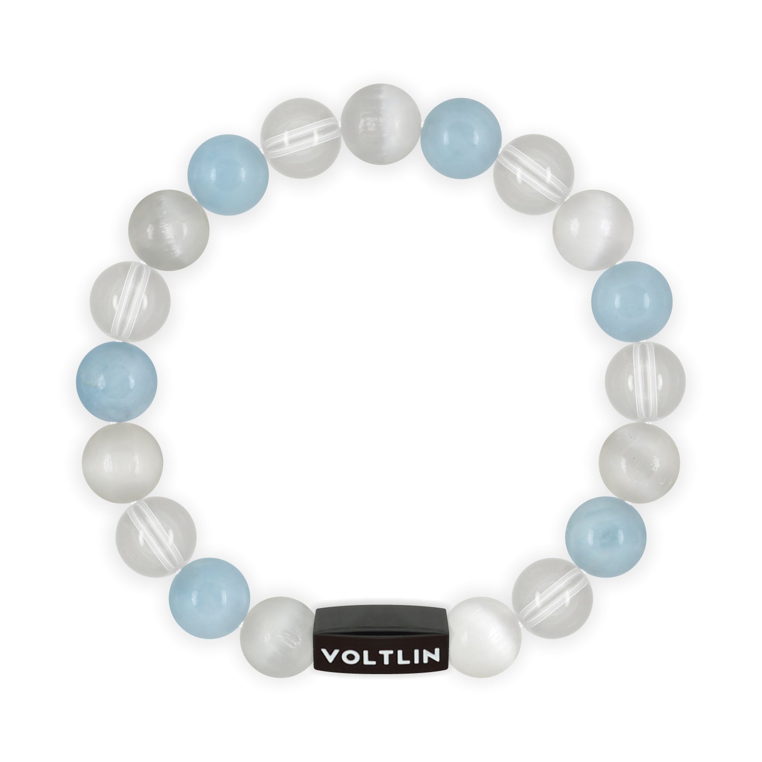Top view of a 10mm Aquarius Zodiac crystal beaded stretch bracelet with black stainless steel logo bead made by Voltlin