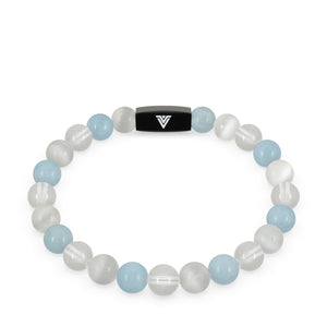 Front view of an 8mm Aquarius Zodiac crystal beaded stretch bracelet with black stainless steel logo bead made by Voltlin