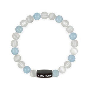 Top view of an 8mm Aquarius Zodiac crystal beaded stretch bracelet with black stainless steel logo bead made by Voltlin