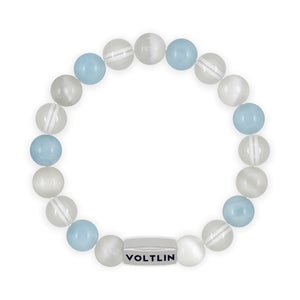Top view of a 10mm Aquarius Zodiac beaded stretch bracelet featuring Selenite, Aquamarine, & Quartz crystal and silver stainless steel logo bead made by Voltlin