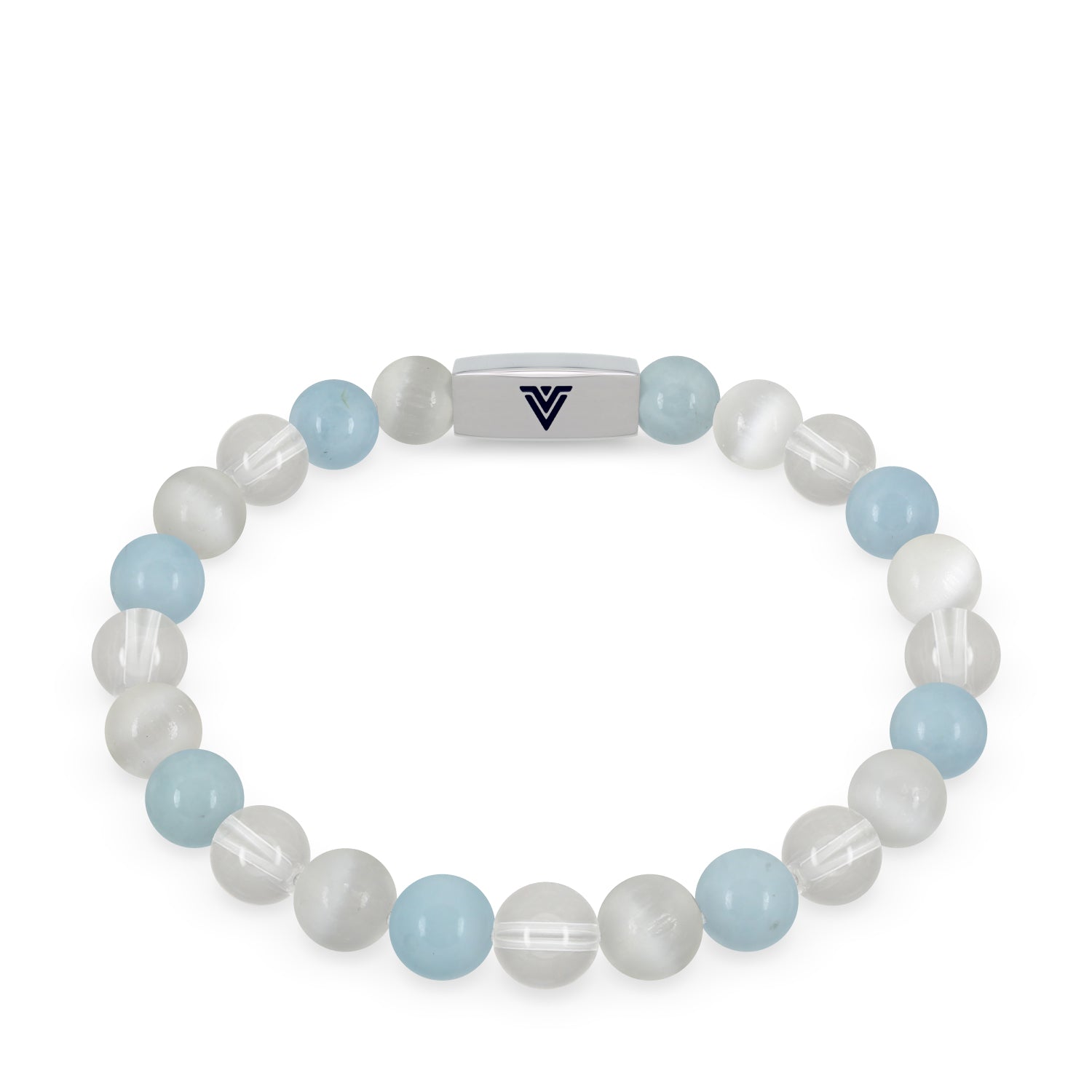 Front view of an 8mm Aquarius Zodiac beaded stretch bracelet featuring Selenite, Aquamarine, & Quartz crystal and silver stainless steel logo bead made by Voltlin