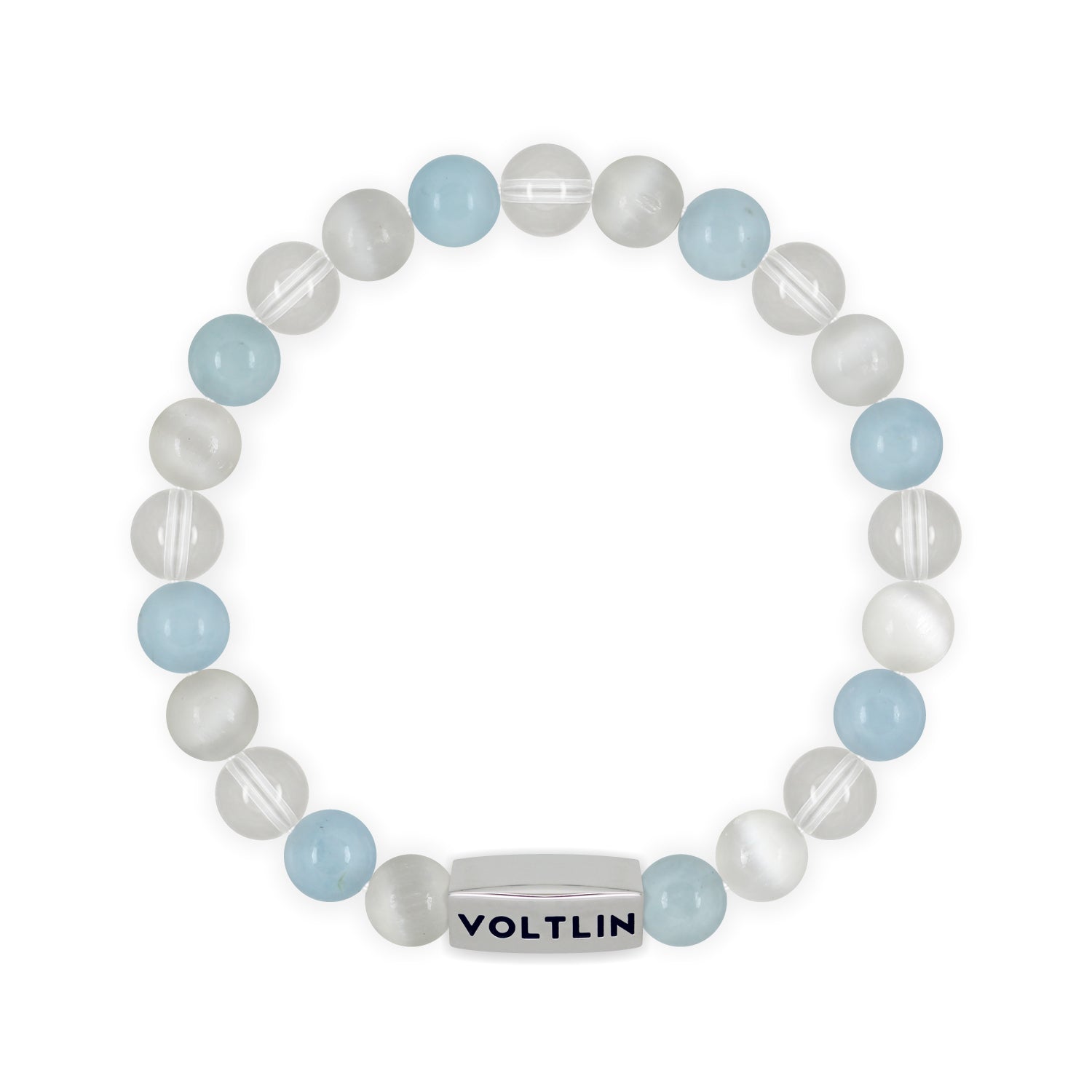 Front view of an 8mm Aquarius Zodiac beaded stretch bracelet featuring Selenite, Aquamarine, & Quartz crystal and silver stainless steel logo bead made by Voltlin