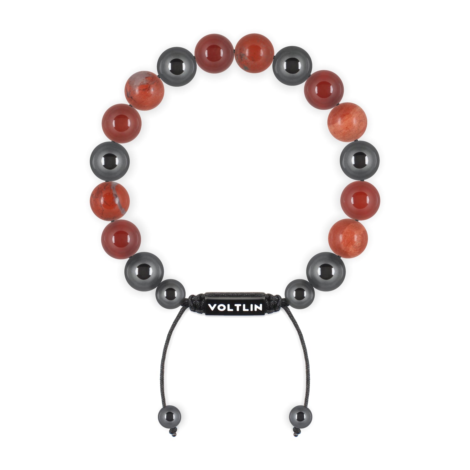 Top view of a 10mm Aries Zodiac crystal beaded shamballa bracelet with black stainless steel logo bead made by Voltlin