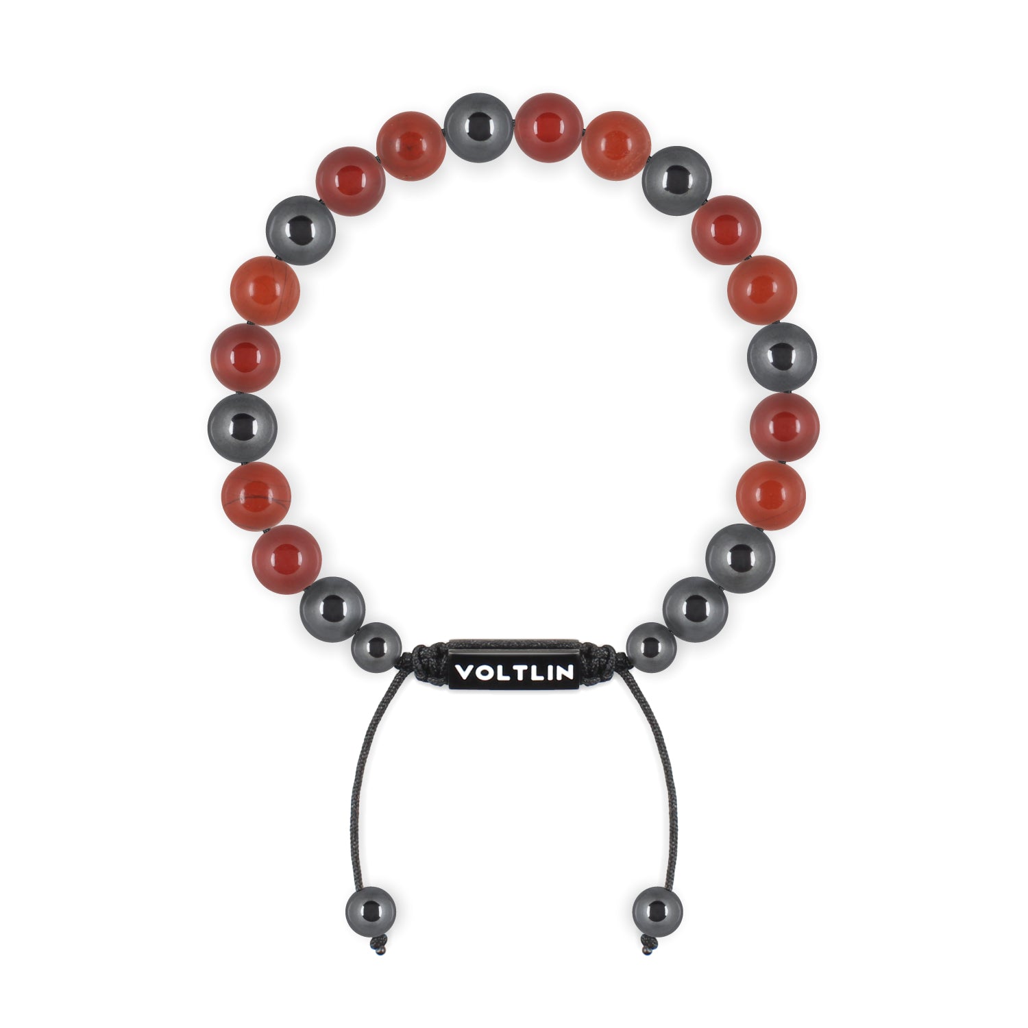 Front view of an 8mm Aries Zodiac crystal beaded shamballa bracelet with black stainless steel logo bead made by Voltlin