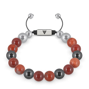 Front view of a 10mm Aries Zodiac beaded shamballa bracelet featuring Carnelian, Red Jasper, & Hematite crystal and silver stainless steel logo bead made by Voltlin