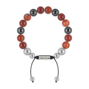 Top view of a 10mm Aries Zodiac beaded shamballa bracelet featuring Carnelian, Red Jasper, & Hematite crystal and silver stainless steel logo bead made by Voltlin