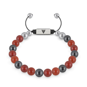 Front view of an 8mm Aries Zodiac beaded shamballa bracelet featuring Carnelian, Red Jasper, & Hematite crystal and silver stainless steel logo bead made by Voltlin