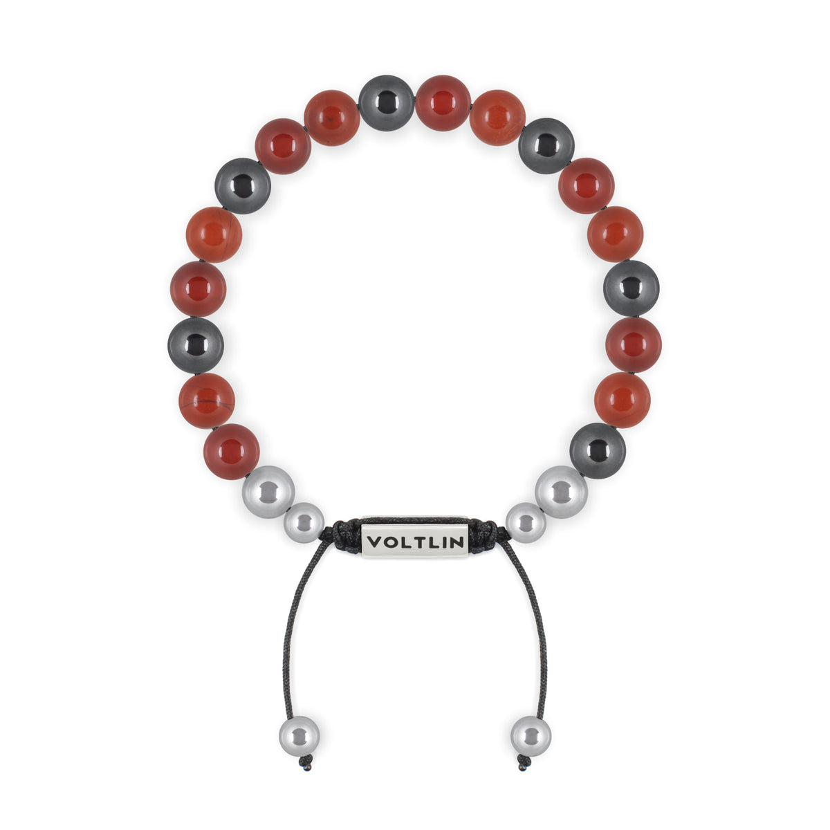 Top view of an 8mm Aries Zodiac beaded shamballa bracelet featuring Carnelian, Red Jasper, & Hematite crystal and silver stainless steel logo bead made by Voltlin