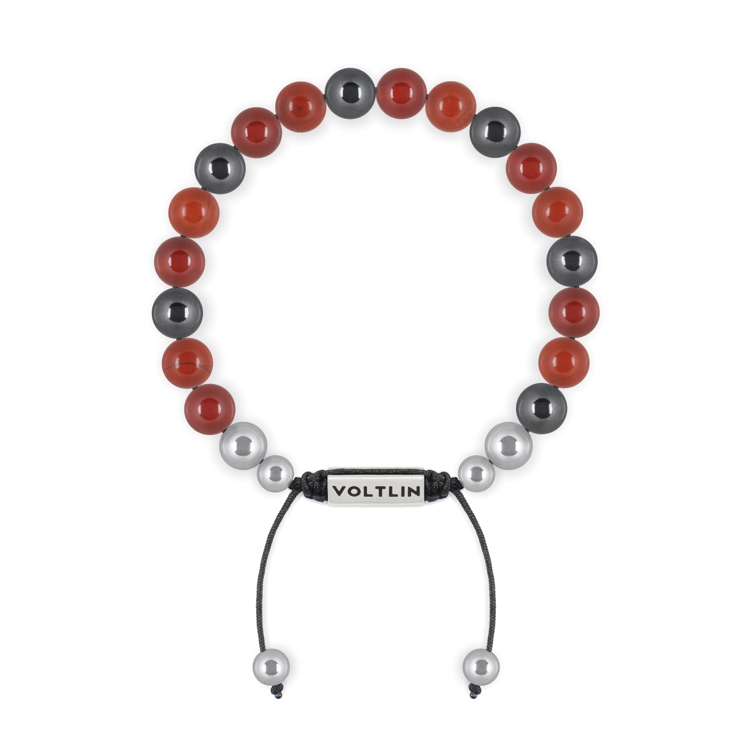 Top view of an 8mm Aries Zodiac beaded shamballa bracelet featuring Carnelian, Red Jasper, & Hematite crystal and silver stainless steel logo bead made by Voltlin