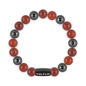 Top view of a 10mm Aries Zodiac crystal beaded stretch bracelet with black stainless steel logo bead made by Voltlin