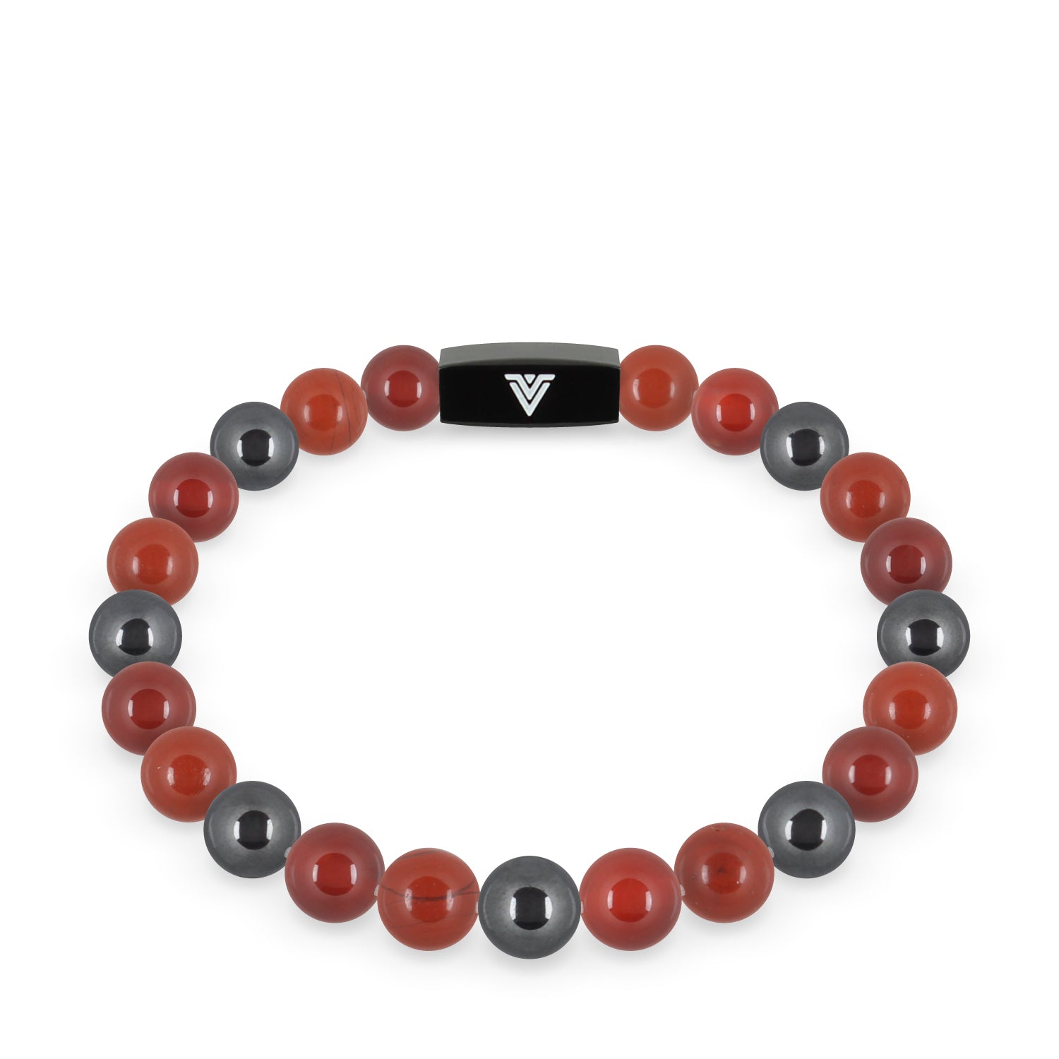 Front view of an 8mm Aries Zodiac crystal beaded stretch bracelet with black stainless steel logo bead made by Voltlin