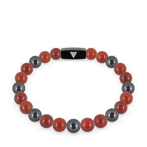 Front view of an 8mm Aries Zodiac crystal beaded stretch bracelet with black stainless steel logo bead made by Voltlin