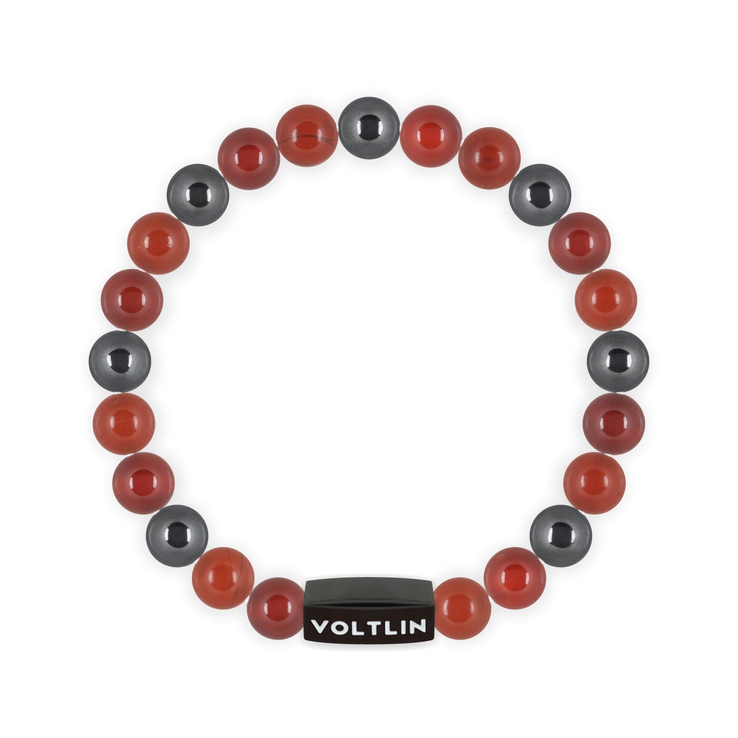 Front view of an 8mm Aries Zodiac crystal beaded stretch bracelet with black stainless steel logo bead made by Voltlin
