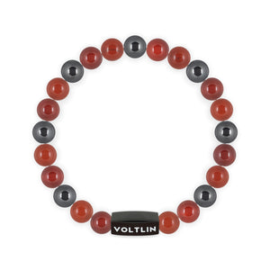 Top view of an 8mm Aries Zodiac crystal beaded stretch bracelet with black stainless steel logo bead made by Voltlin