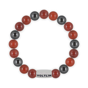 Top view of a 10mm Aries Zodiac beaded stretch bracelet featuring Carnelian, Red Jasper, & Hematite crystal and silver stainless steel logo bead made by Voltlin