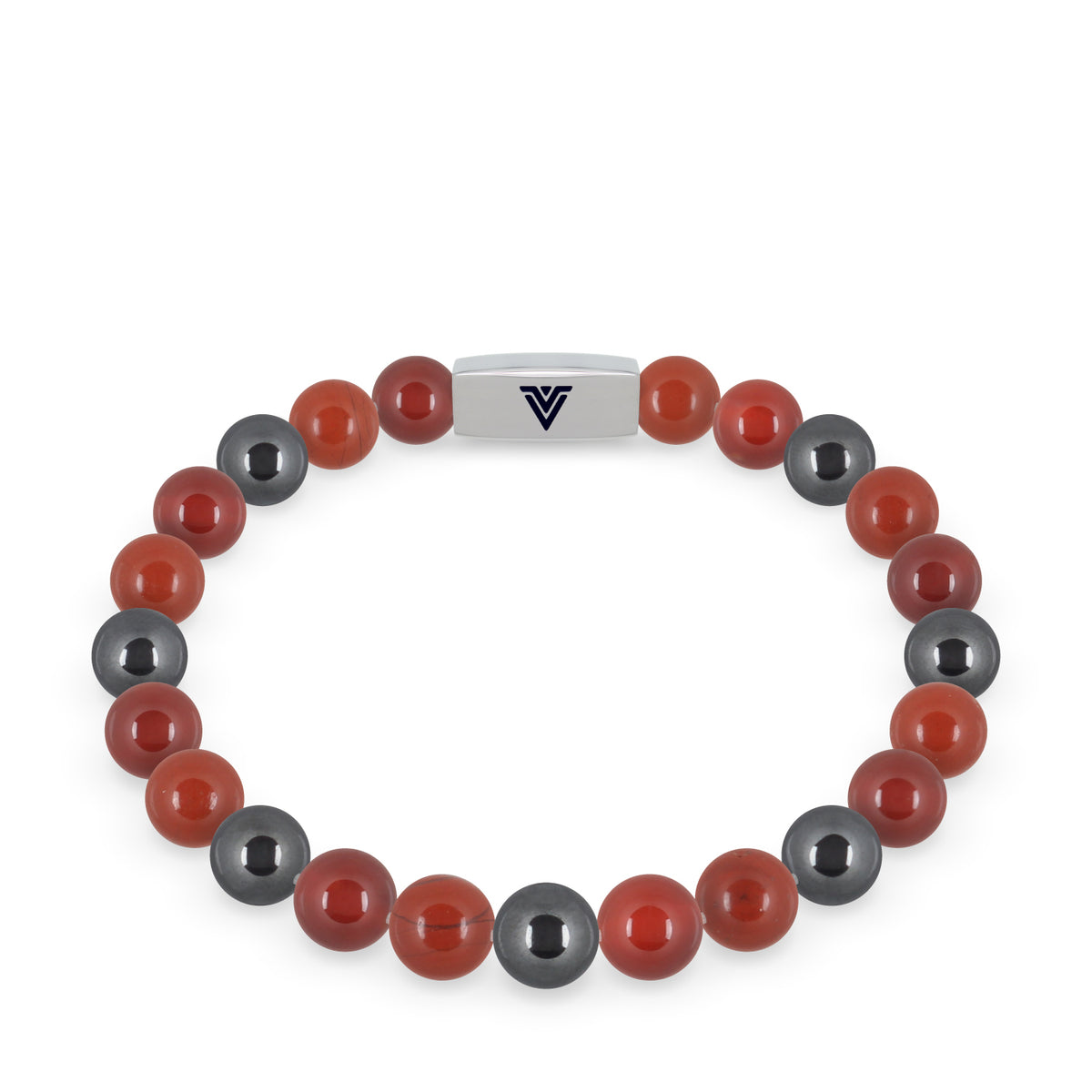 Front view of an 8mm Aries Zodiac beaded stretch bracelet featuring Carnelian, Red Jasper, & Hematite crystal and silver stainless steel logo bead made by Voltlin