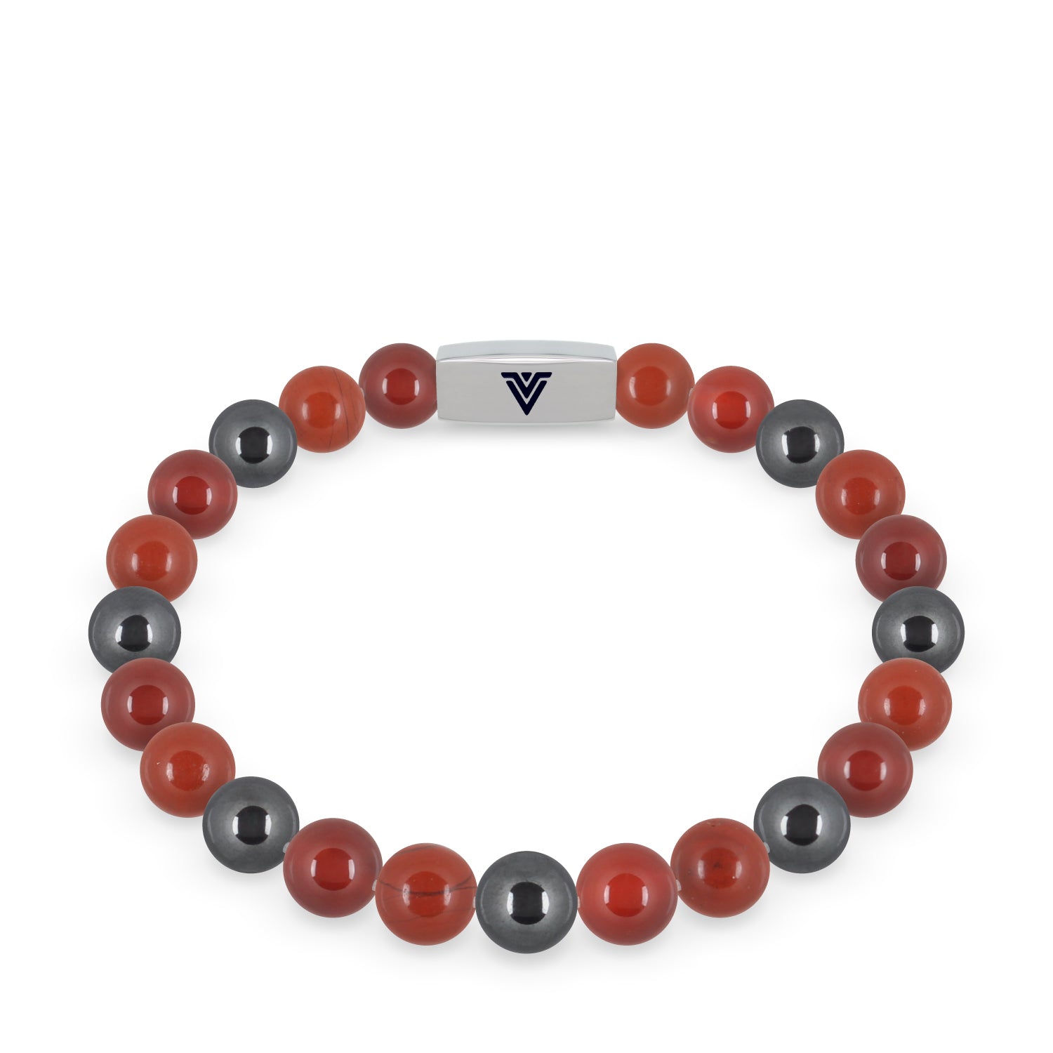 Front view of an 8mm Aries Zodiac beaded stretch bracelet featuring Carnelian, Red Jasper, & Hematite crystal and silver stainless steel logo bead made by Voltlin