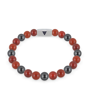 Front view of an 8mm Aries Zodiac beaded stretch bracelet featuring Carnelian, Red Jasper, & Hematite crystal and silver stainless steel logo bead made by Voltlin