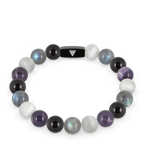 Front view of a 10mm Asexual Pride crystal beaded stretch bracelet with black stainless steel logo bead made by Voltlin