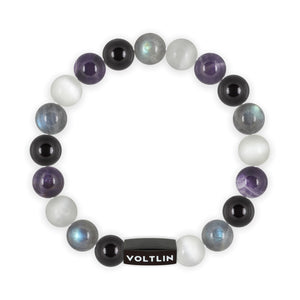 Top view of a 10mm Asexual Pride crystal beaded stretch bracelet with black stainless steel logo bead made by Voltlin