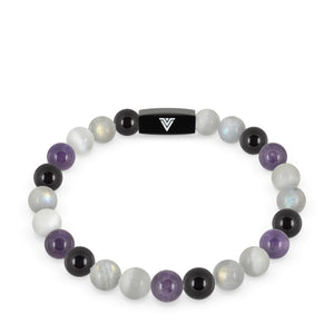 Front view of an 8mm Asexual Pride crystal beaded stretch bracelet with black stainless steel logo bead made by Voltlin