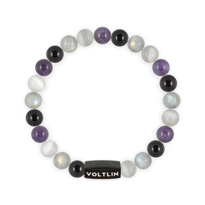 Top view of an 8mm Asexual Pride crystal beaded stretch bracelet with black stainless steel logo bead made by Voltlin