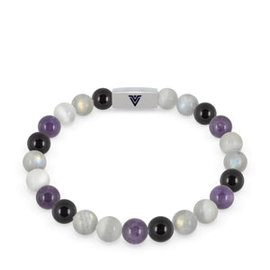 Front view of an 8mm Asexual Pride beaded stretch bracelet with silver stainless steel logo bead made by Voltlin