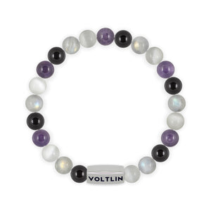 Top view of an 8mm Asexual Pride beaded stretch bracelet with silver stainless steel logo bead made by Voltlin
