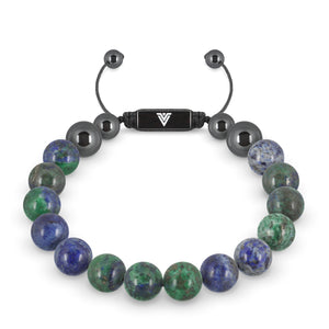Front view of a 10mm Azurite crystal beaded shamballa bracelet with black stainless steel logo bead made by Voltlin