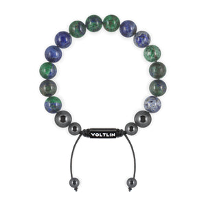 Top view of a 10mm Azurite crystal beaded shamballa bracelet with black stainless steel logo bead made by Voltlin