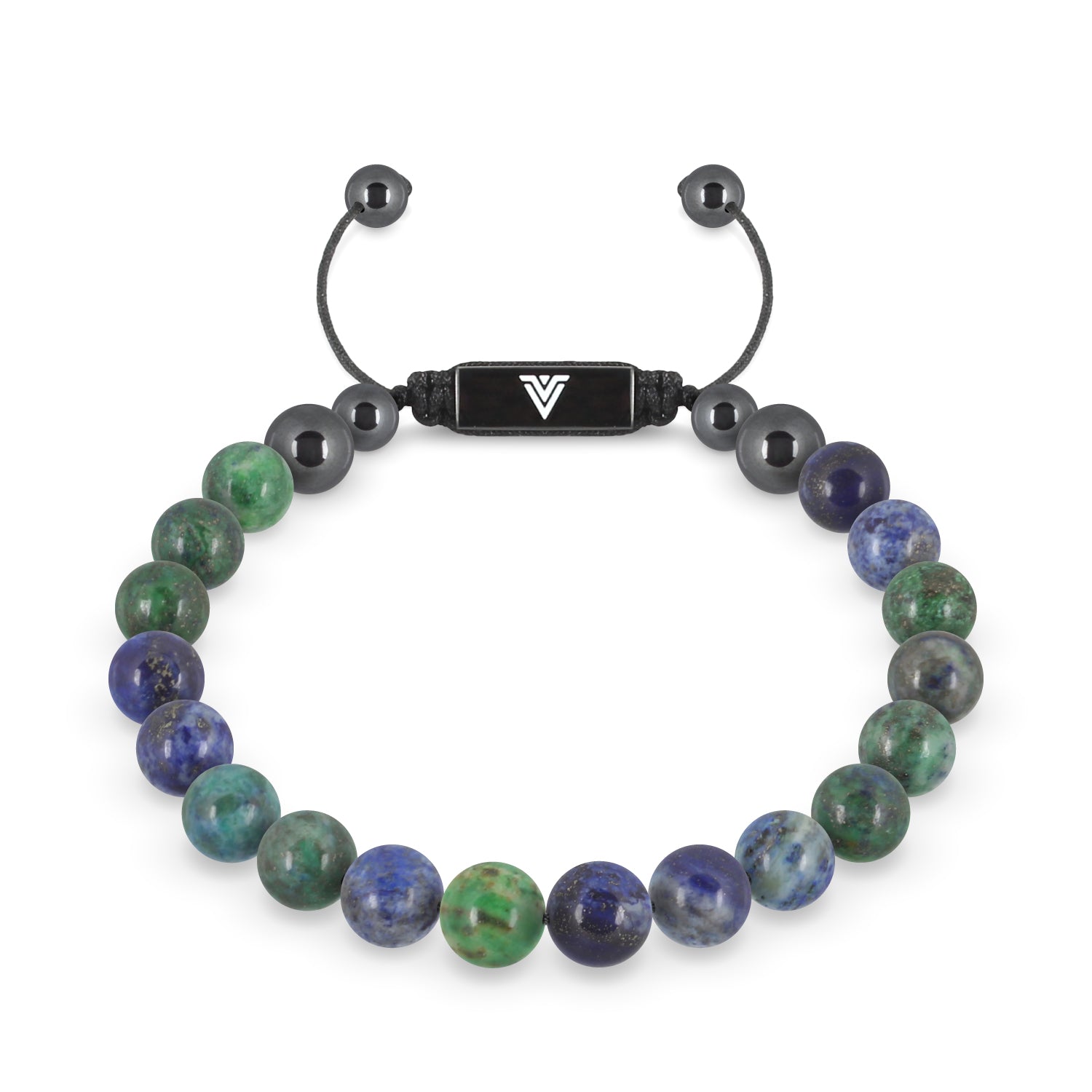 Front view of an 8mm Azurite crystal beaded shamballa bracelet with black stainless steel logo bead made by Voltlin
