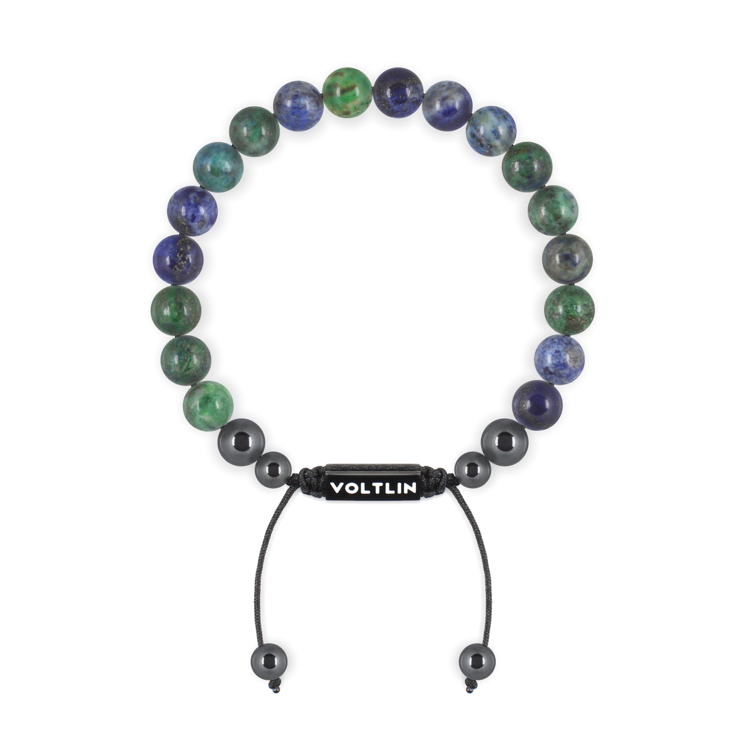 Front view of an 8mm Azurite crystal beaded shamballa bracelet with black stainless steel logo bead made by Voltlin