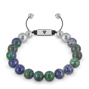 Front view of a 10mm Azurite beaded shamballa bracelet with silver stainless steel logo bead made by Voltlin