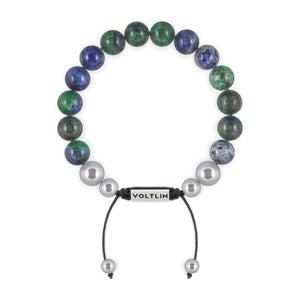 Top view of a 10mm Azurite beaded shamballa bracelet with silver stainless steel logo bead made by Voltlin
