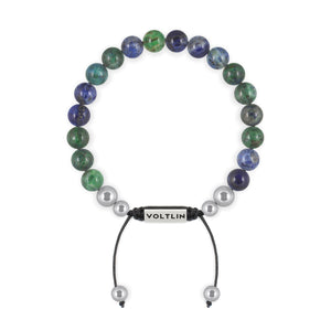 Top view of an 8mm Azurite beaded shamballa bracelet with silver stainless steel logo bead made by Voltlin