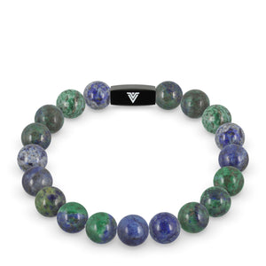 Front view of a 10mm Azurite crystal beaded stretch bracelet with black stainless steel logo bead made by Voltlin