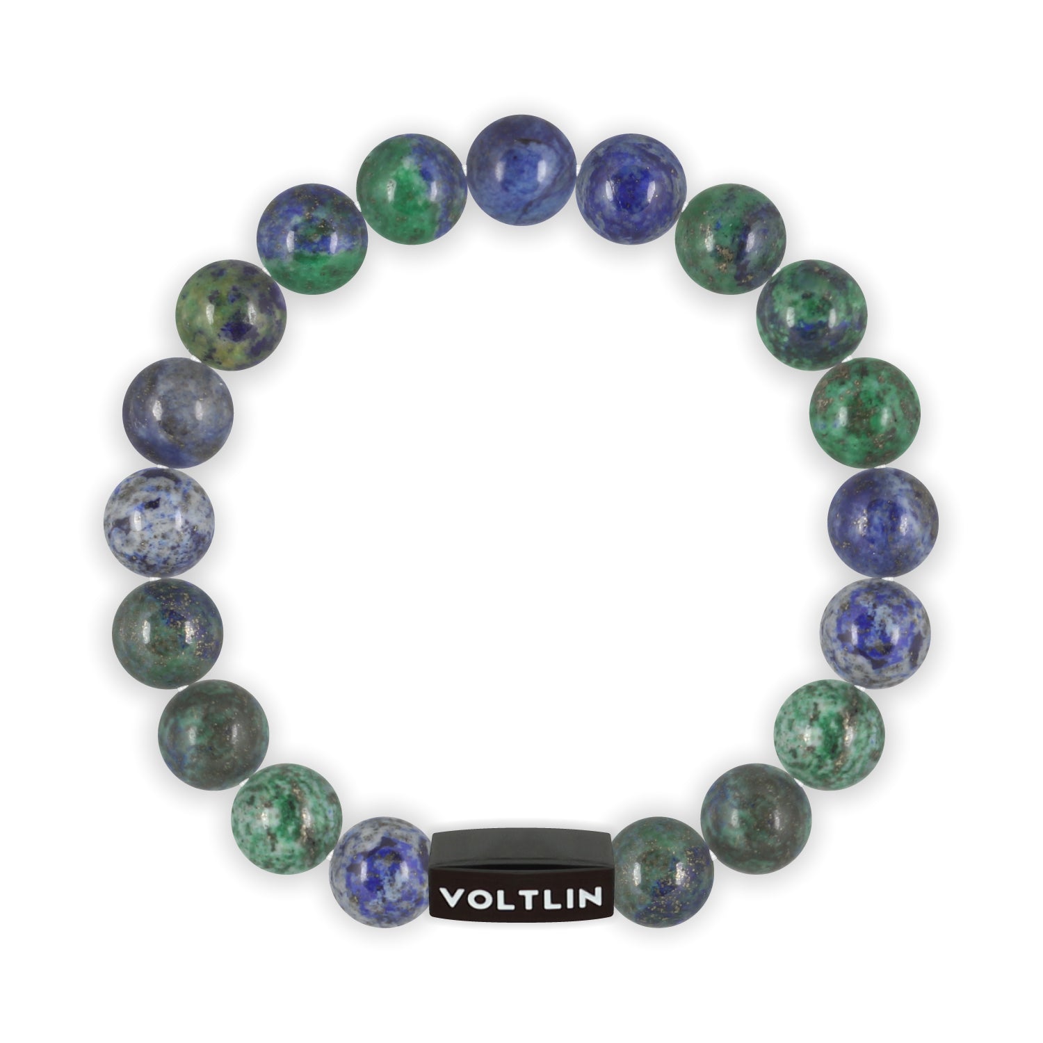 Top view of a 10mm Azurite crystal beaded stretch bracelet with black stainless steel logo bead made by Voltlin