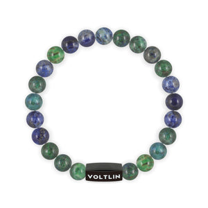 Top view of an 8mm Azurite crystal beaded stretch bracelet with black stainless steel logo bead made by Voltlin