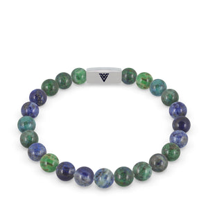 Front view of an 8mm Azurite beaded stretch bracelet with silver stainless steel logo bead made by Voltlin