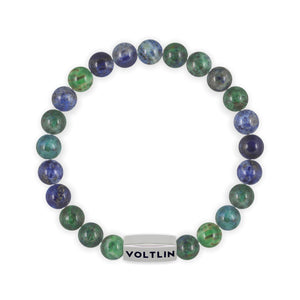 Top view of an 8mm Azurite beaded stretch bracelet with silver stainless steel logo bead made by Voltlin