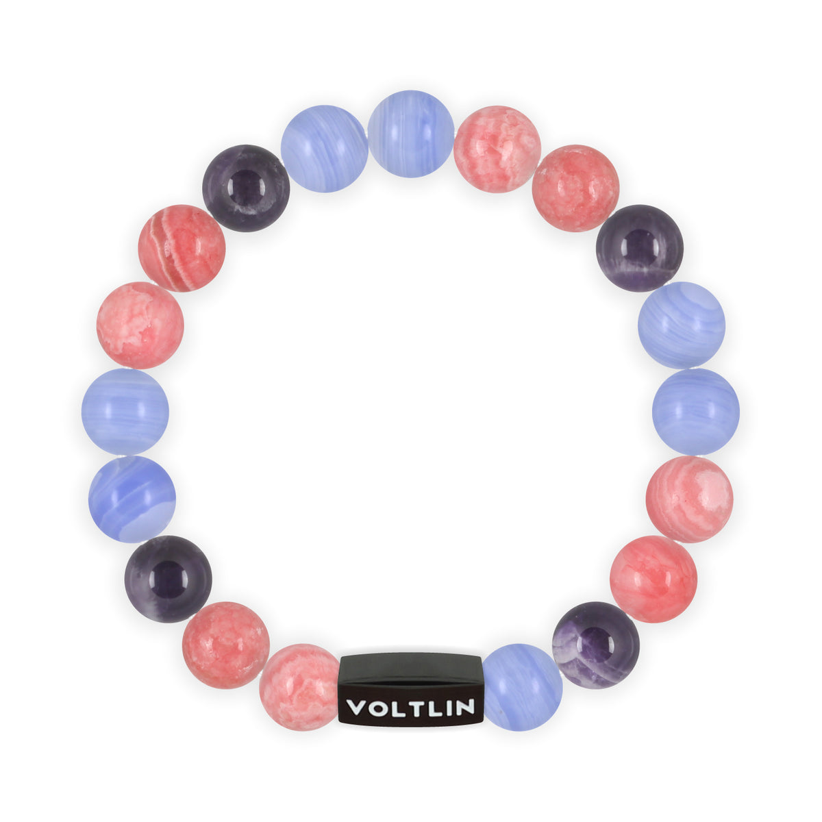 Top view of a 10mm Bisexual Pride crystal beaded stretch bracelet with black stainless steel logo bead made by Voltlin