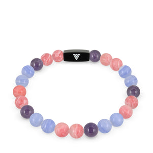 Front view of an 8mm Bisexual Pride crystal beaded stretch bracelet with black stainless steel logo bead made by Voltlin