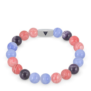 Front view of a 10mm Bi Pride beaded stretch bracelet with silver stainless steel logo bead made by Voltlin