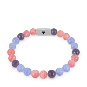 Front view of an 8mm Bi Pride beaded stretch bracelet with silver stainless steel logo bead made by Voltlin